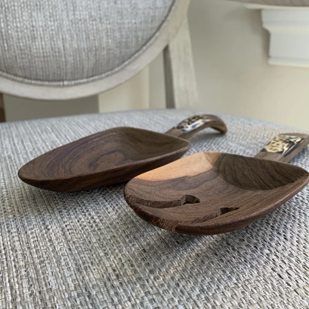 Vintage Wood Salad Servers with Fish Design Accents